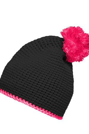 Pompon Hat with Contrast Stripe