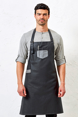 Division Waxed Look Denim Bib Apron With Faux Leather