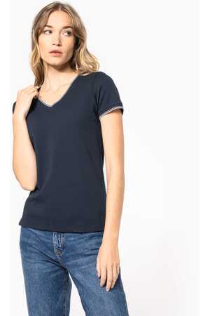 Ladies’ piqué knit V-neck T-shirt