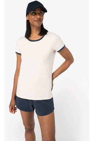 Umweltfreundliches Ringer-T-Shirt mit kontrastierenden Kanten, verwaschener Effekt, Damen