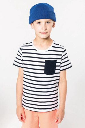 Gestreiftes Kurzarm-T-Shirt mit Tasche für Kinder im Marine-Stil